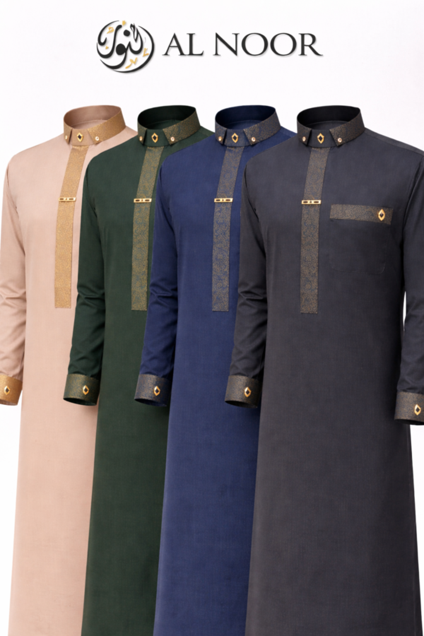 Al Noor men’s thobe collection in multiple colors with classic Islamic design Premium Islamic thobe for men full length with decorative collar and sleeve cuffs